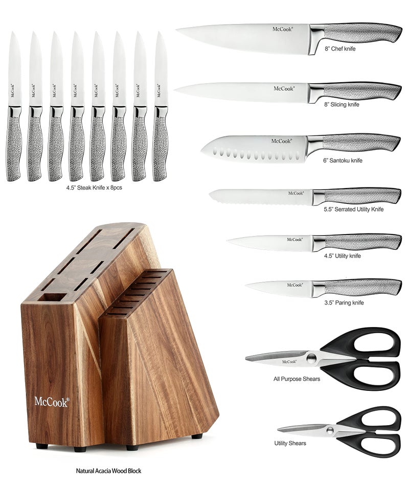 McCookÂ® Premium Knife Sets,Full Tang Hammered German Stainless Steel Kitchen Knife Set with 8 Pieces Steak Knives and Acacia Block - Image 2